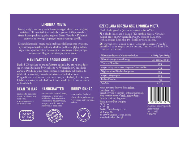 Czekolada gorzka 65% Limonka z miętą 70 g